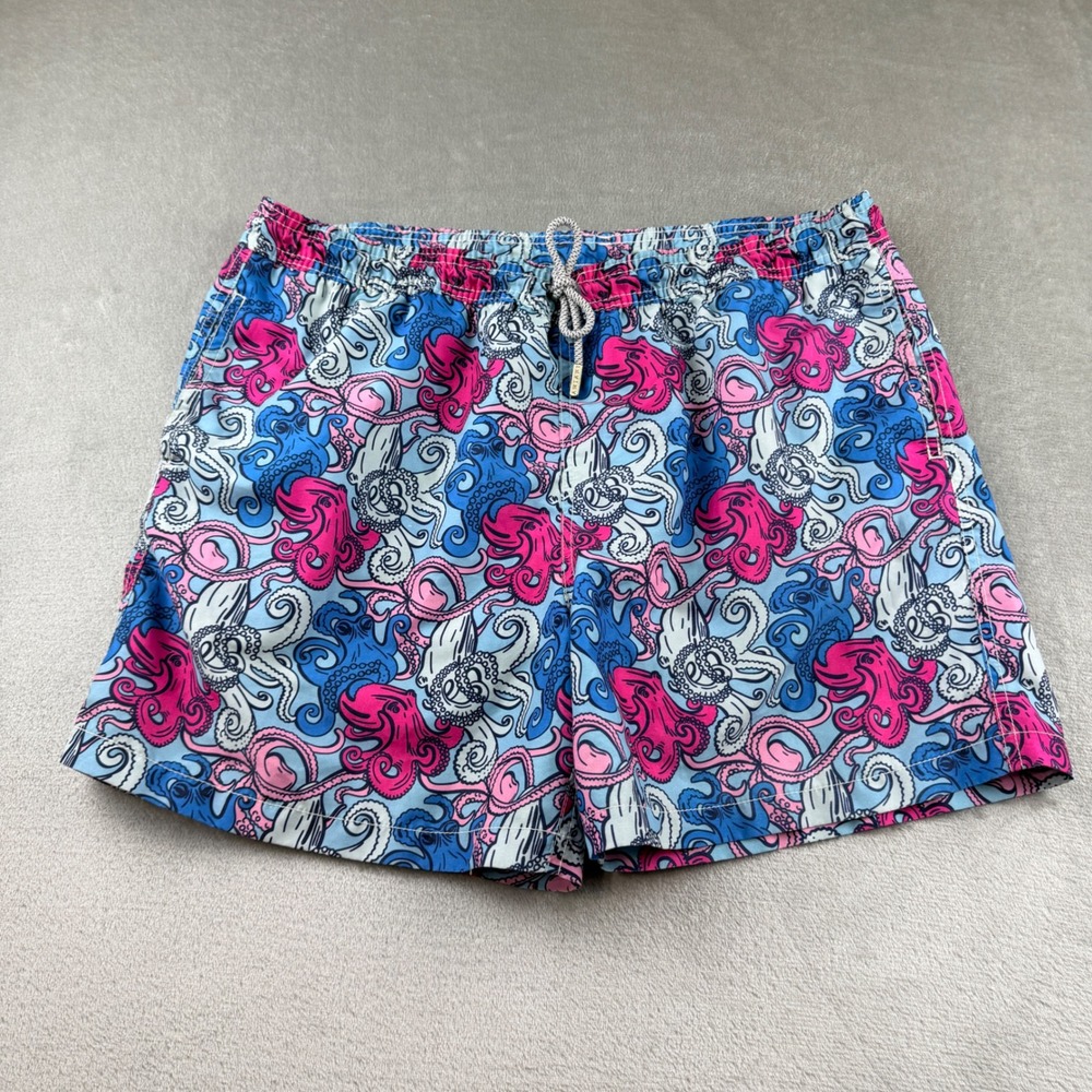 Amiani Men's Large Octopus Kraken Print Swim Trunks Blue Pink Mesh Lined‎